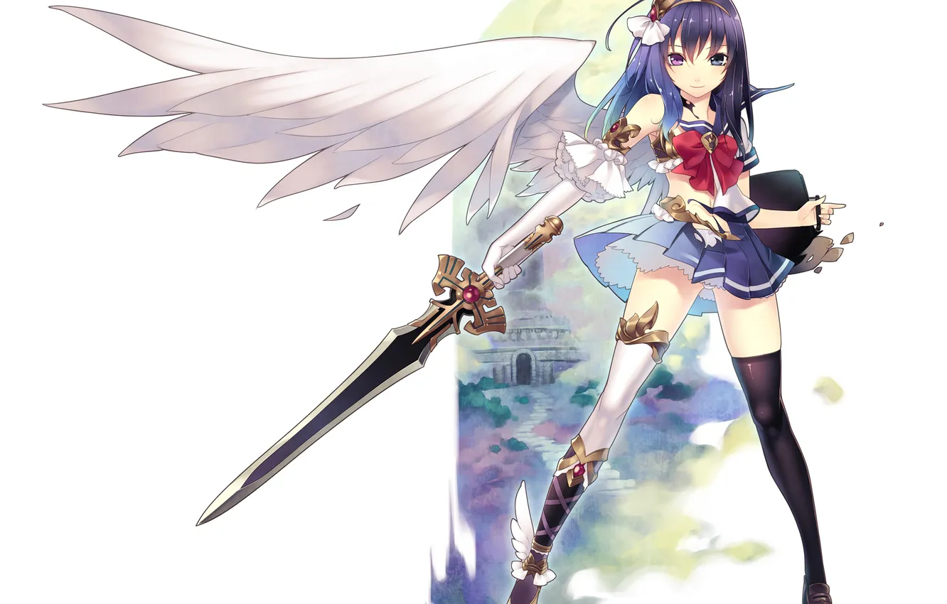 Фото обои девушка, улыбка, оружие, крылья, ангел, меч, арт, школьница