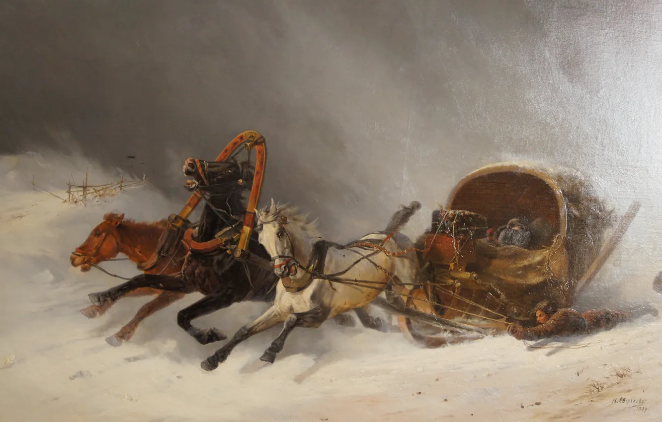 Фото обои зима, лошади, картины, живопись, АGreshnov, Павловск
