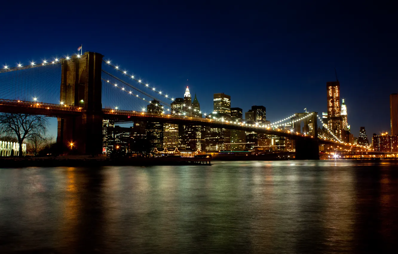 Фото обои City, road, evening, Building, Brooklyn bridge, The bridge