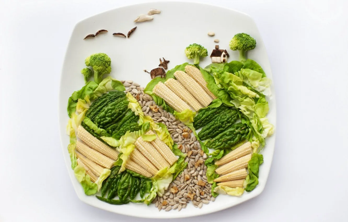 Фото обои еда, кукуруза, тарелка, овощи, салат