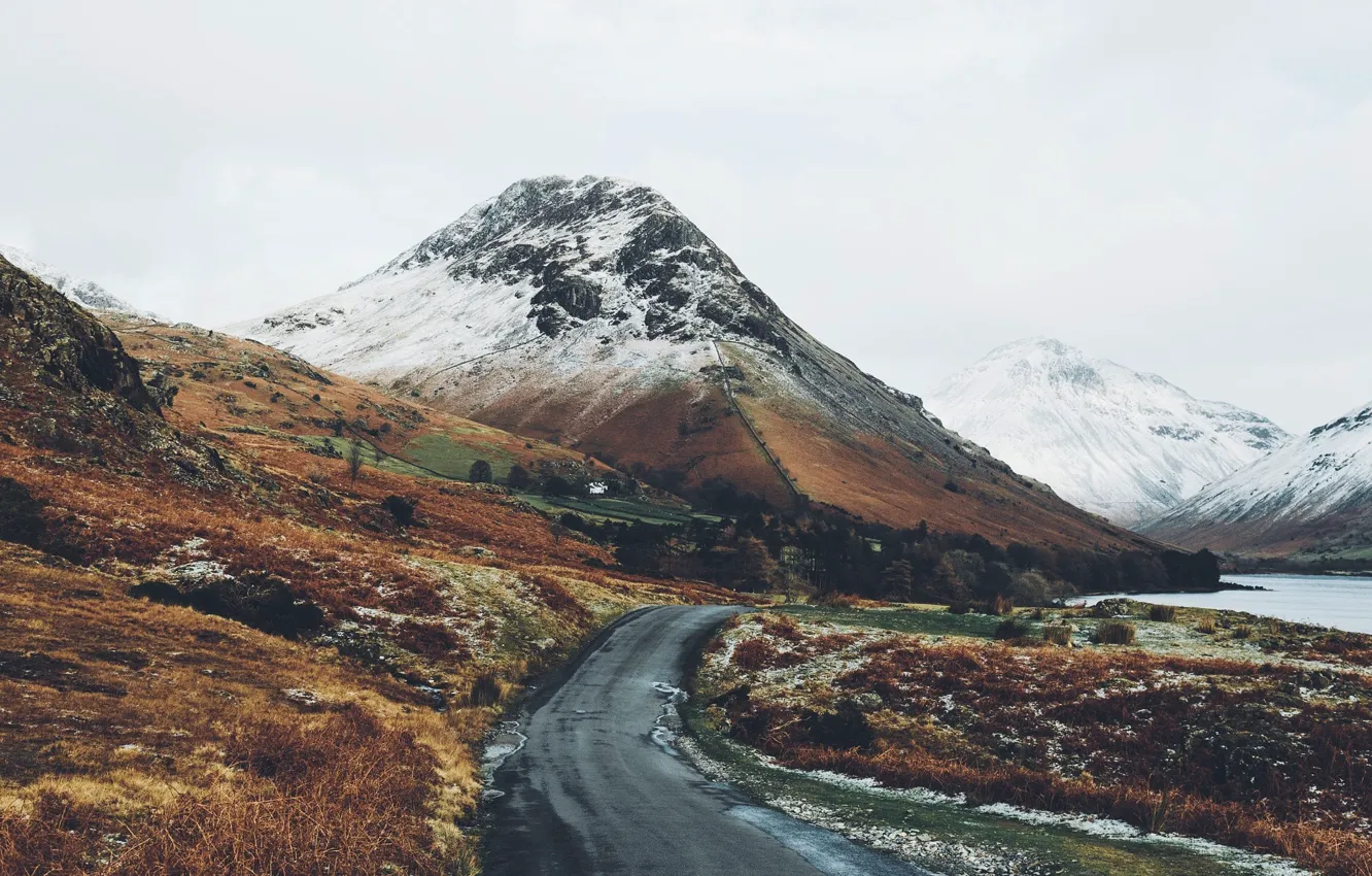 Фото обои зима, дорога, горы, озеро
