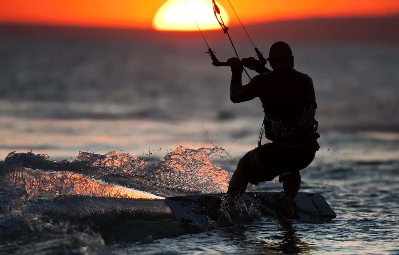 Фото обои sport, sea, sunset, sun, man, Kitesurf