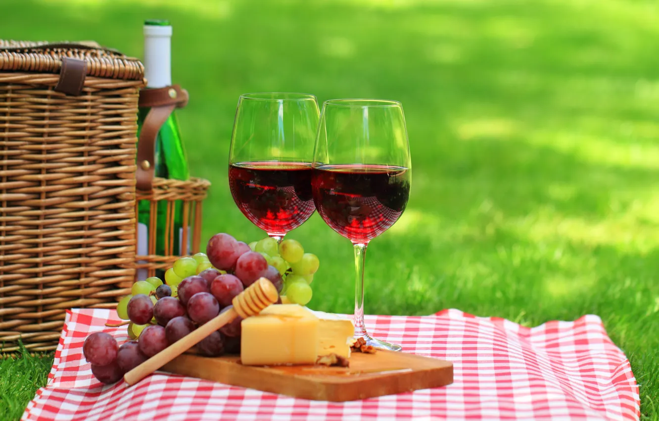 Фото обои трава, природа, вино, красное, корзина, бутылка, сыр, бокалы