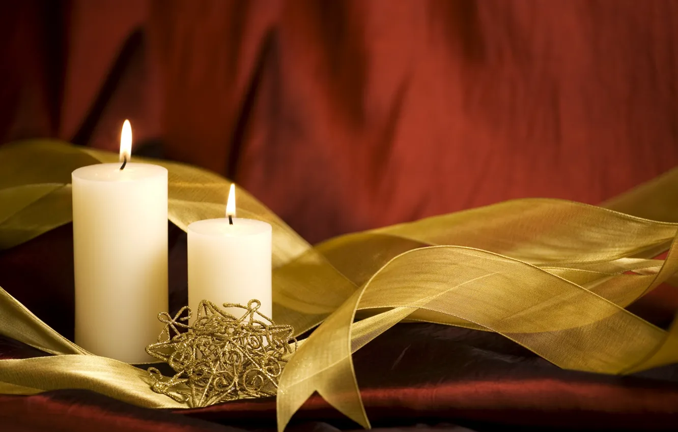 Фото обои праздник, свечи, лента, Новый год, украшение