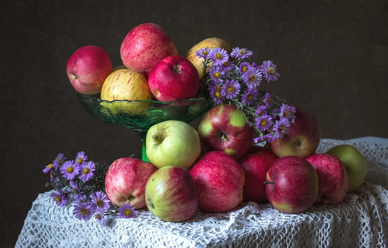 Фото обои осень, яблоки, плоды, татарская астра