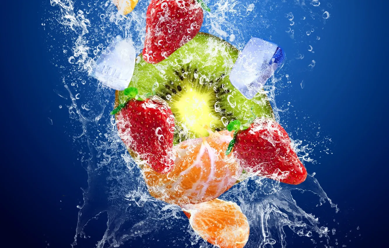 Фото обои лед, вода, брызги, киви, фрукты