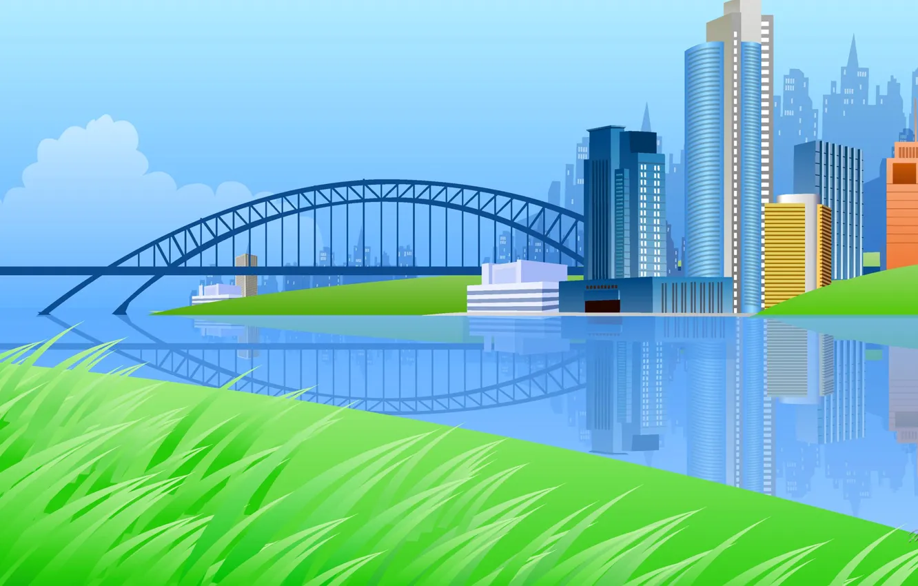 Фото обои трава, мост, город, река, дома, вектор, открытка