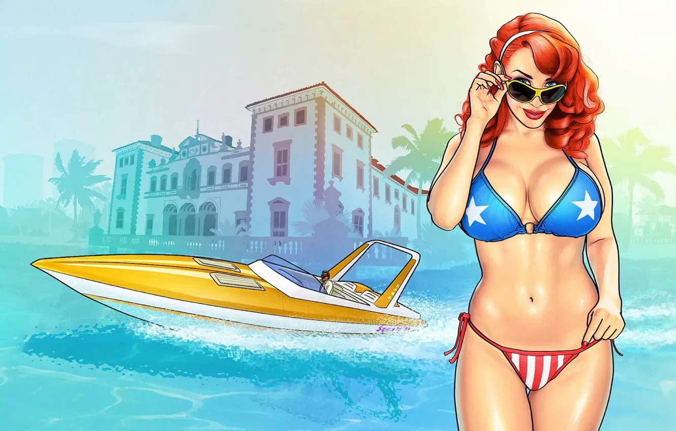 Фото обои катер, sexy, особняк, girls, games, men, Rockstar, gta