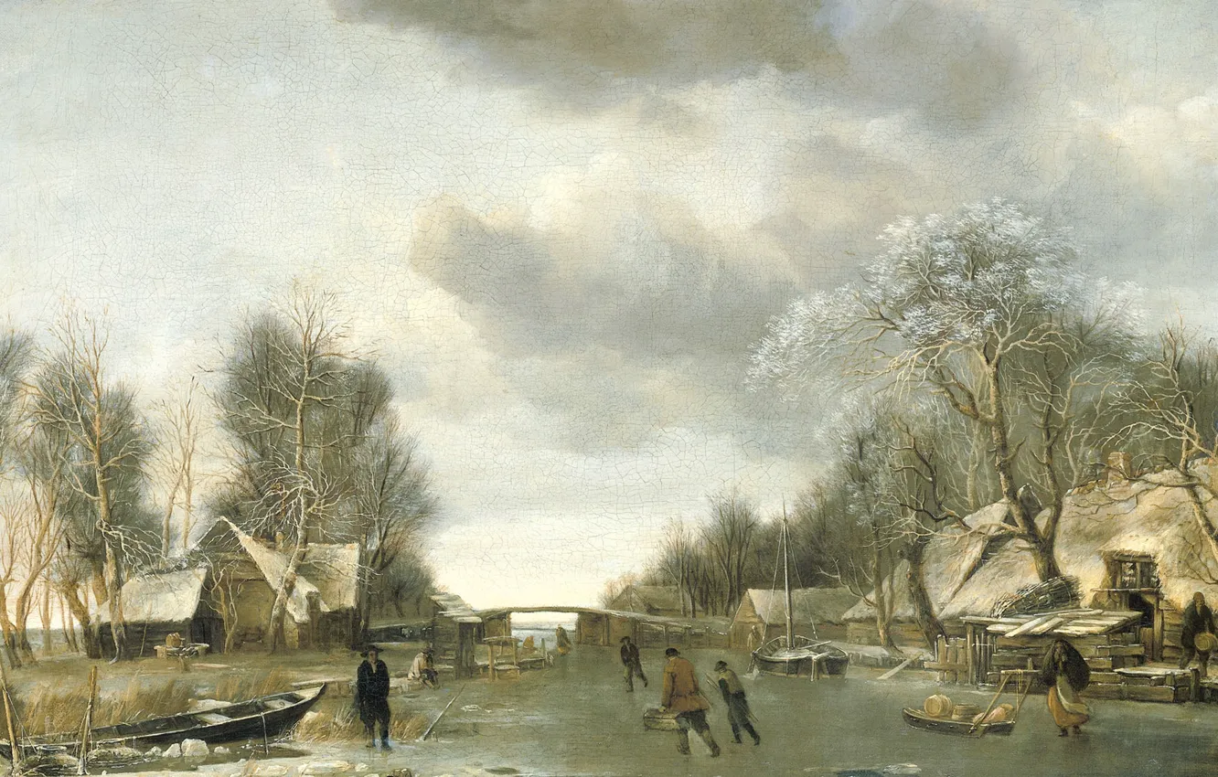 Фото обои пейзаж, Зима, картина, Ян ван де Капелле