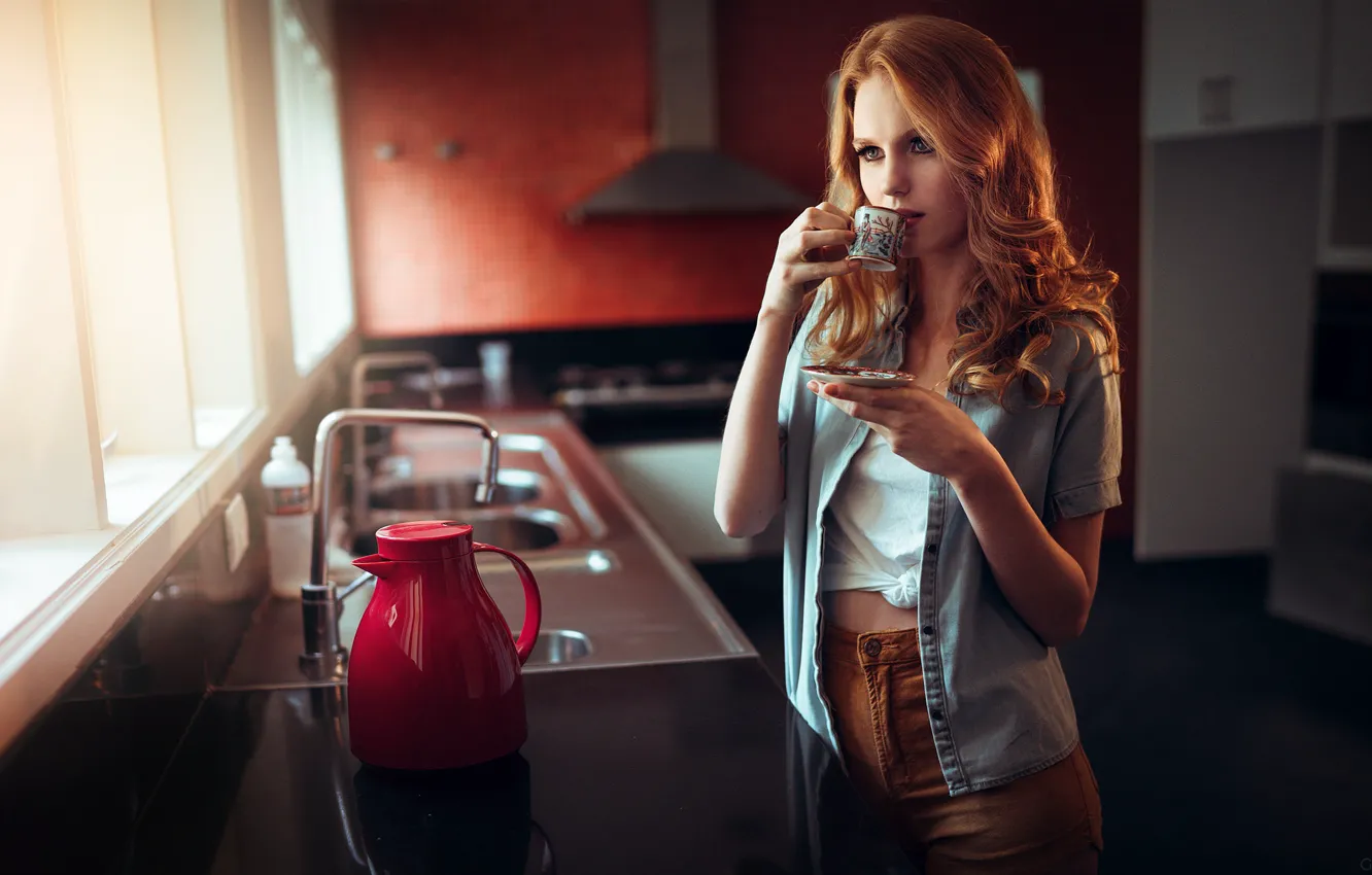 Фото обои девушка, ситуация, кухня, Ivan Gorokhov, утренний кофе