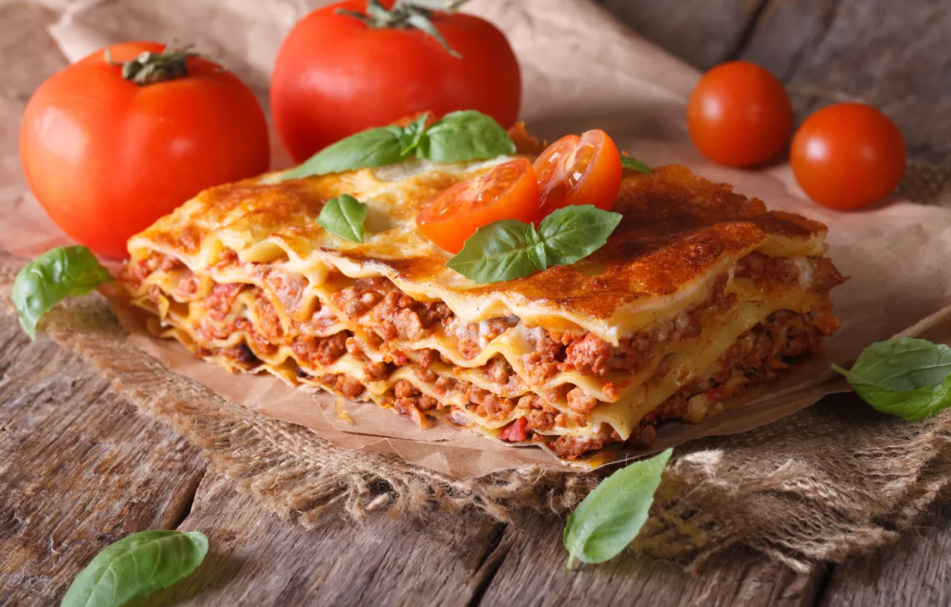 Фото обои зелень, помидоры, блюдо, Lasagna, Лазанья