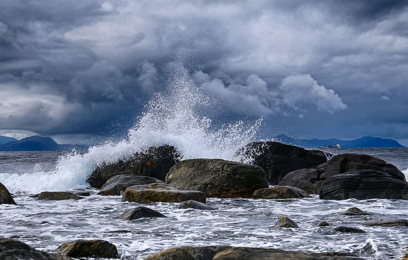 Фото обои волны, шторм, камни, побережье, Норвегия, Norway