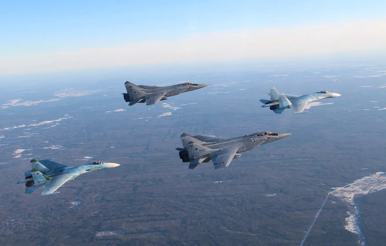 Фото обои истребители, Flanker, Су-27, МиГ-31, парами