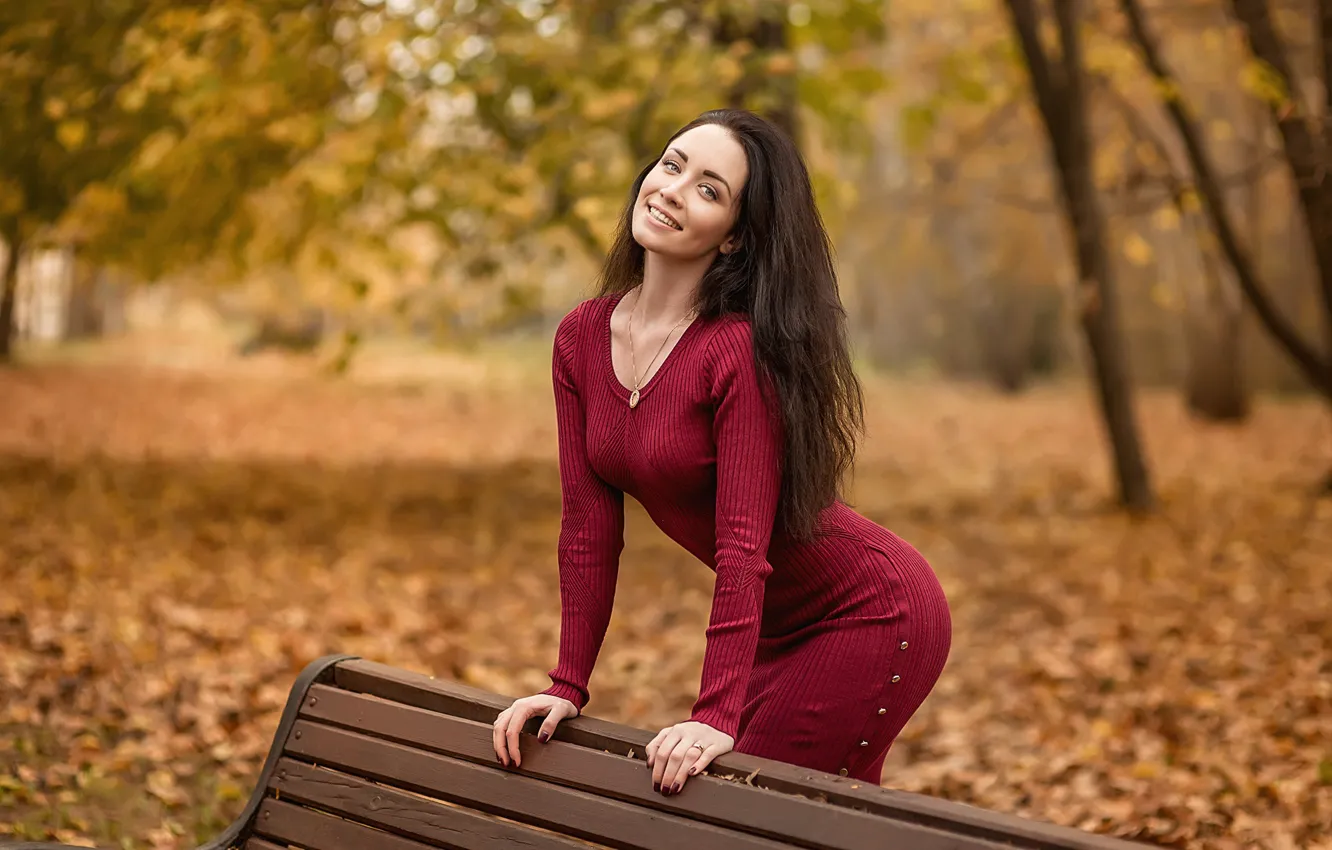 Фото обои leaves, model, pretty, dress red, Георгий Дьяков