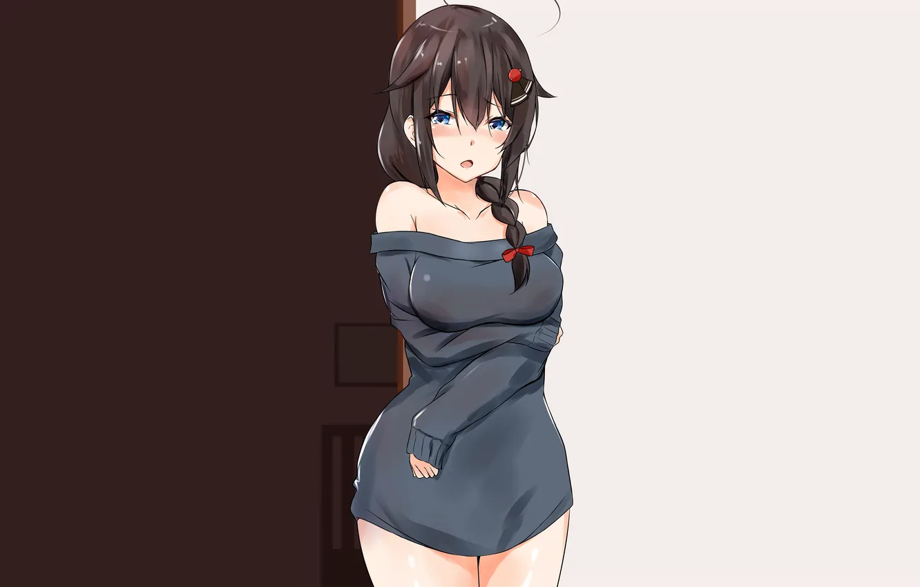Фото обои girl, long hair, dress, brown hair, anime, blue eyes, beautiful, ponytail