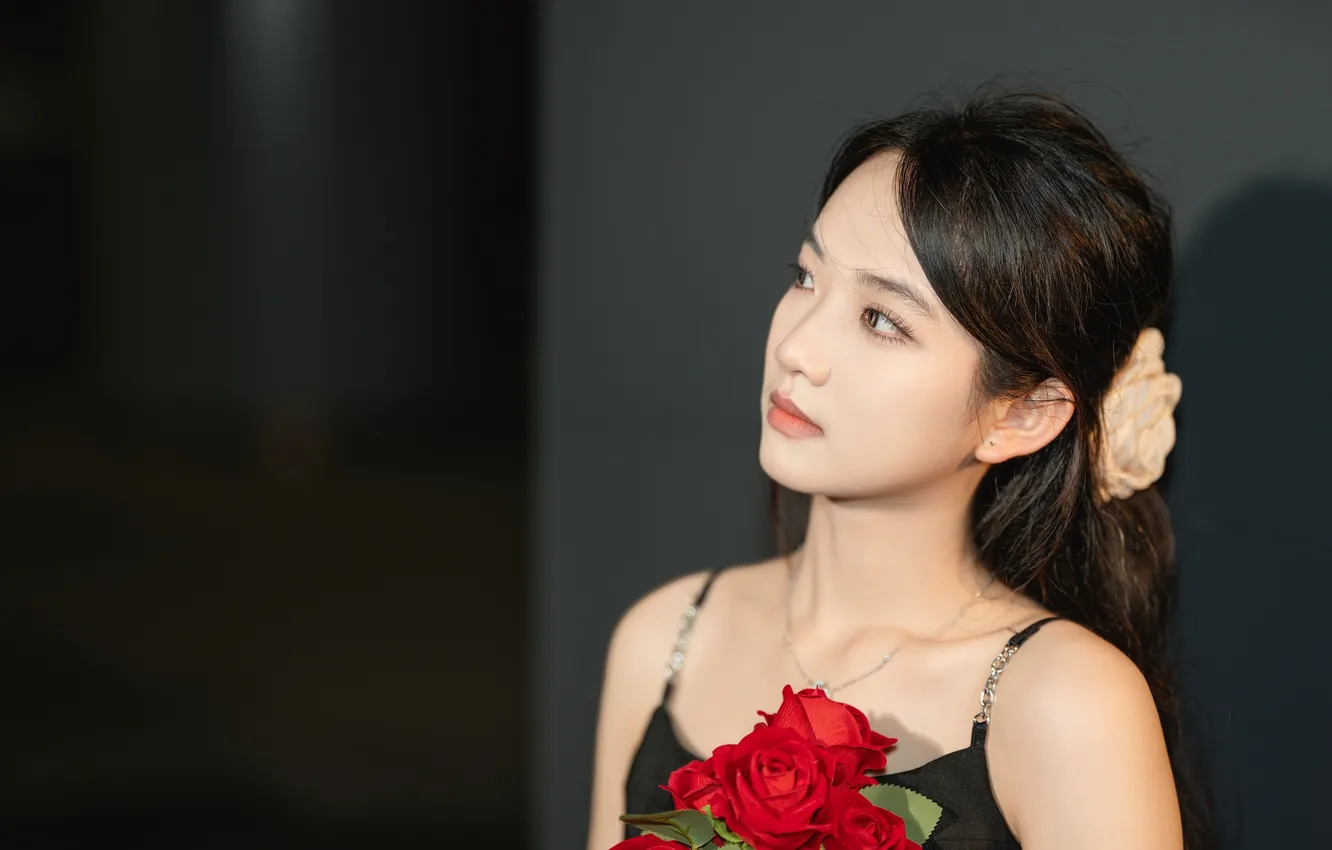 Фото обои Beautiful, Asian, Model, Flower, Rose, Roses, Woman, Cute
