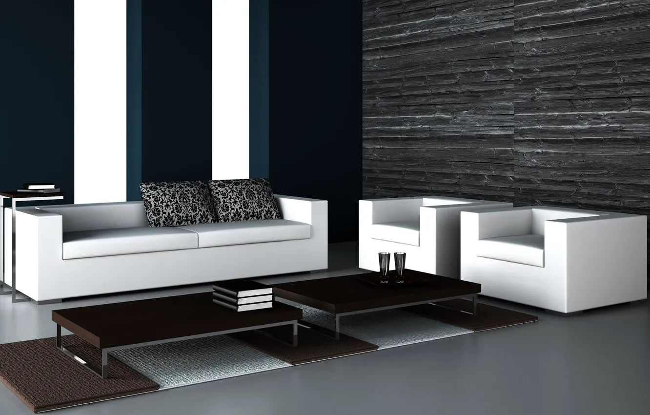 Фото обои дизайн, диван, кресла, столик, черно-белый интерьер