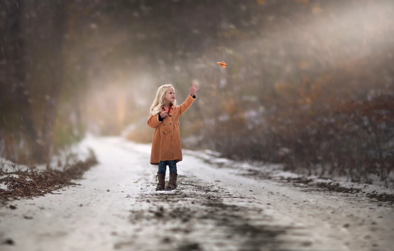 Фото обои осень, снег, лист, девочка