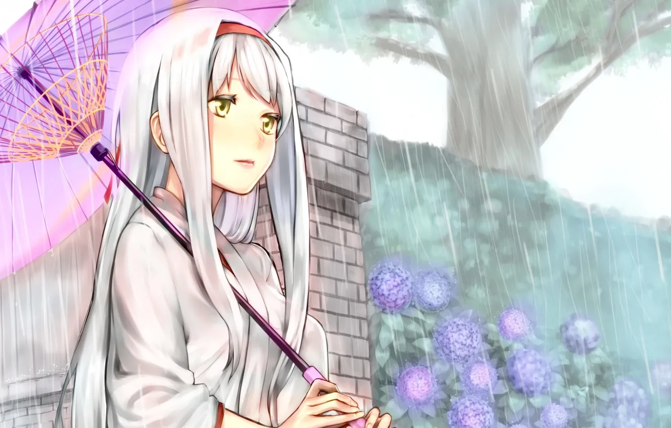 Фото обои дождь, дерево, Девушка, зонт, длинные волосы, гортензия