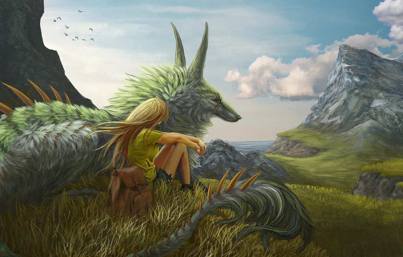 Фото обои girl, grass, fantasy, Dragon, sky, trees, sea, landscape