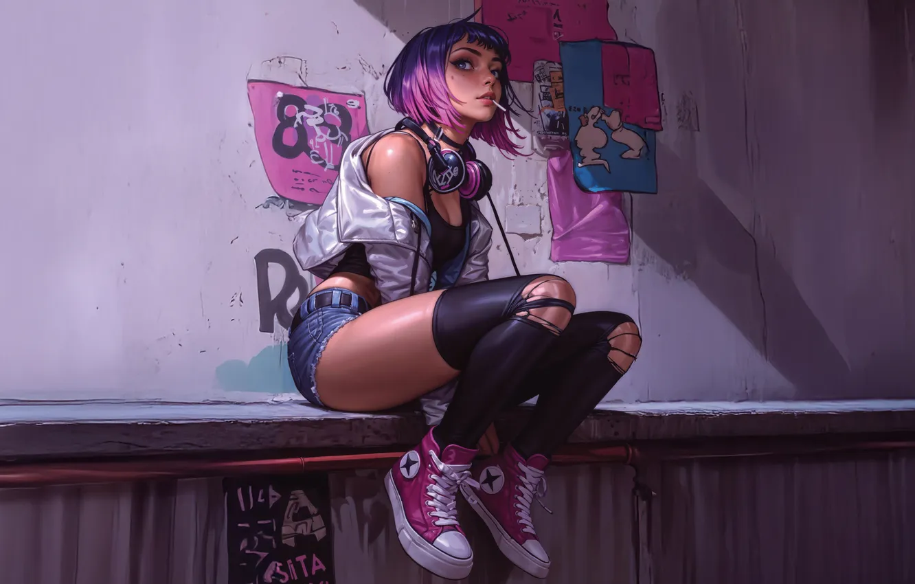 Фото обои Girl, Anime, Purple Hair, Anime Girl, AI Art, AI Generated