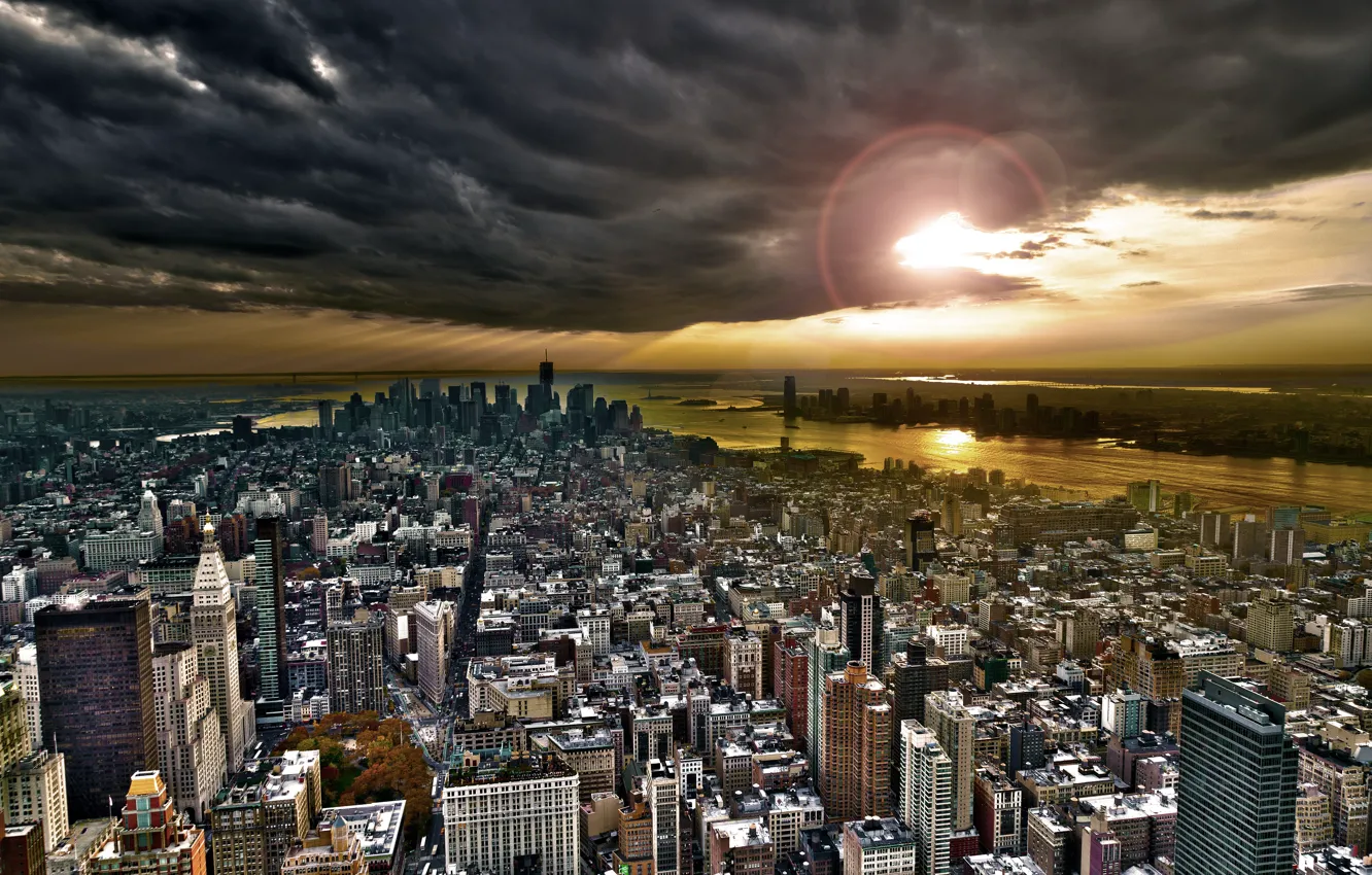 Фото обои небо, тучи, город, здания, небоскребы, нью-йорк, new york, usa