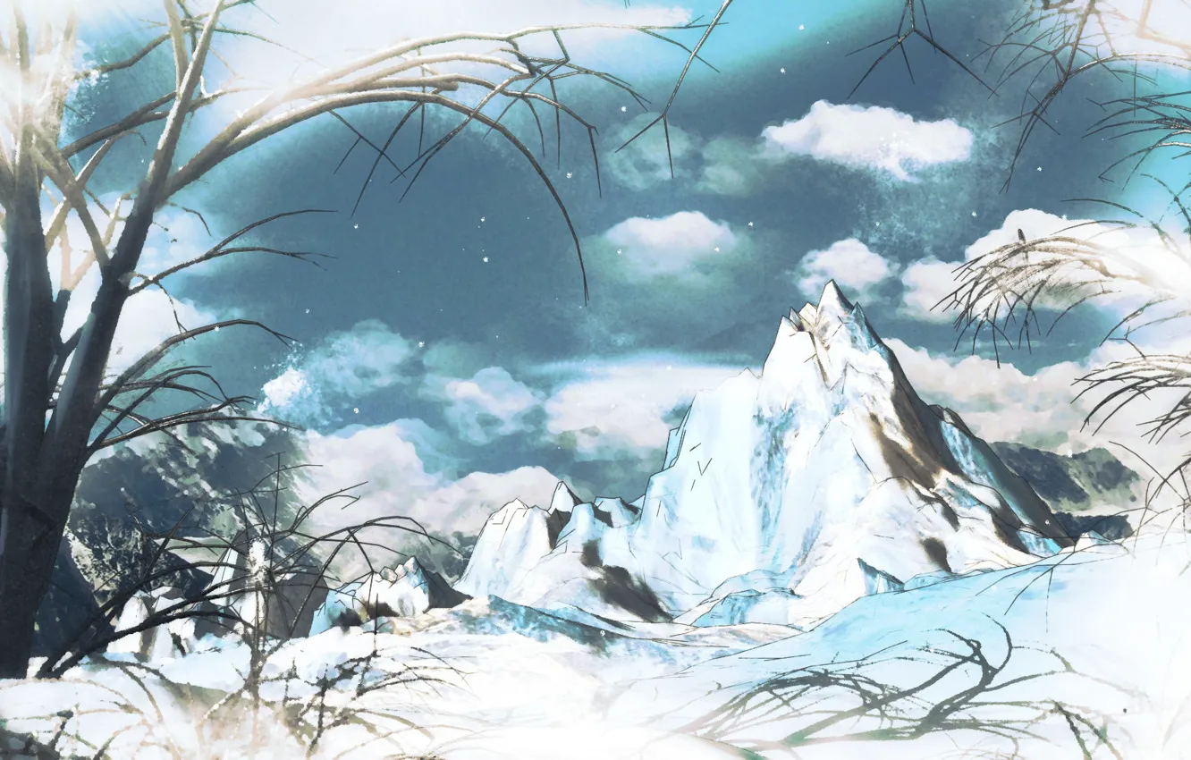 Фото обои небо, снег, деревья, Горы, xwst, Cirno's mountain