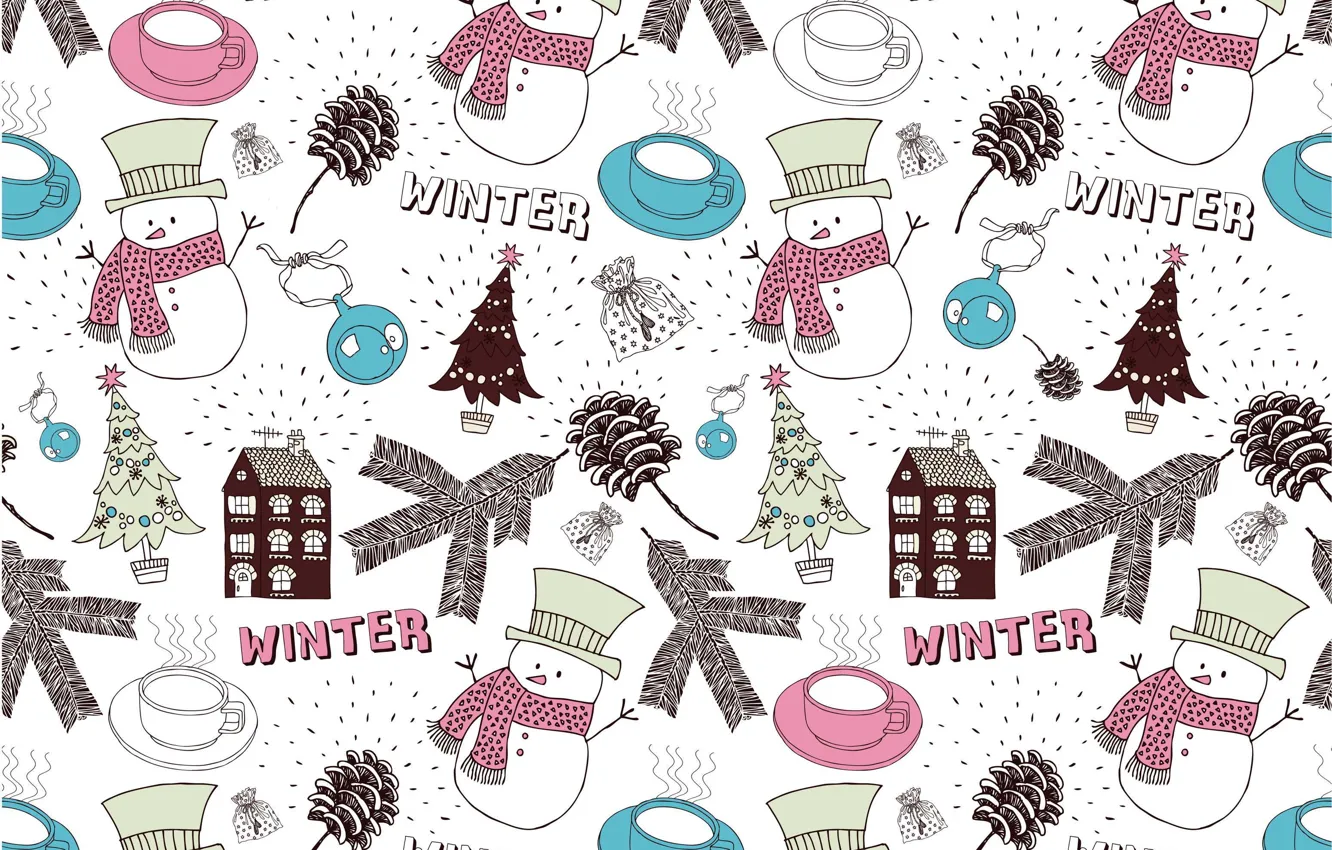 Фото обои зима, дом, новый год, шар, рождество, чашка, снеговик, ёлка