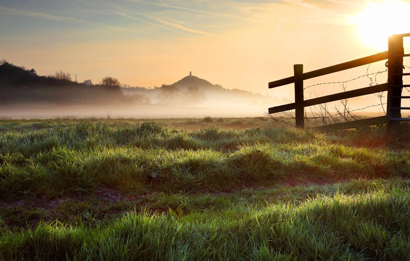 Фото обои поле, небо, трава, солнце, свет, туман, рассвет, холмы