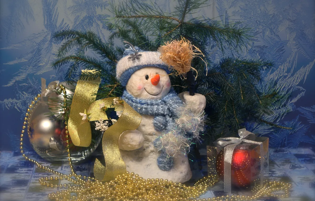 Фото обои узор, игрушки, ель, мороз, снеговик