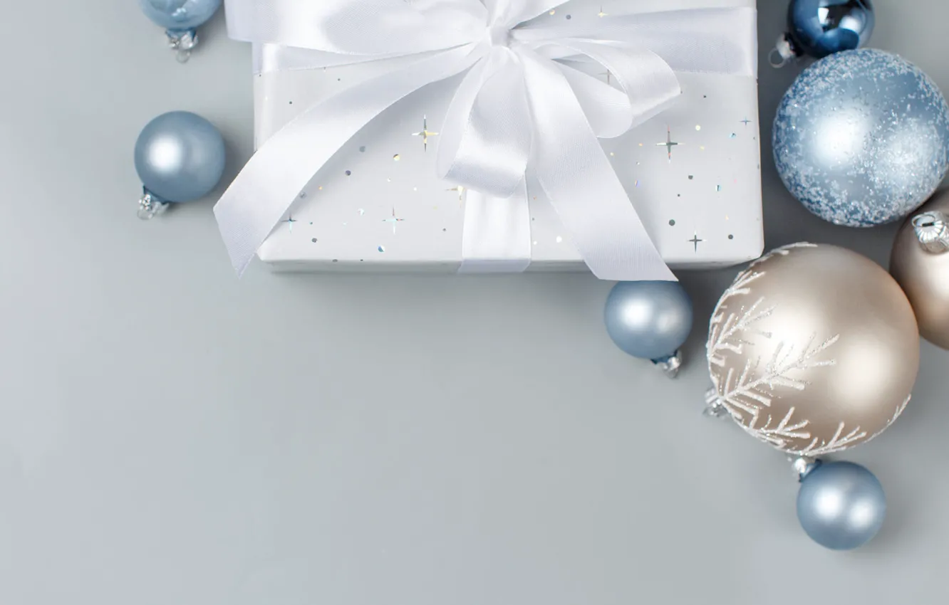 Фото обои зима, шарики, праздник, коробка, подарок, шары, Рождество, лента