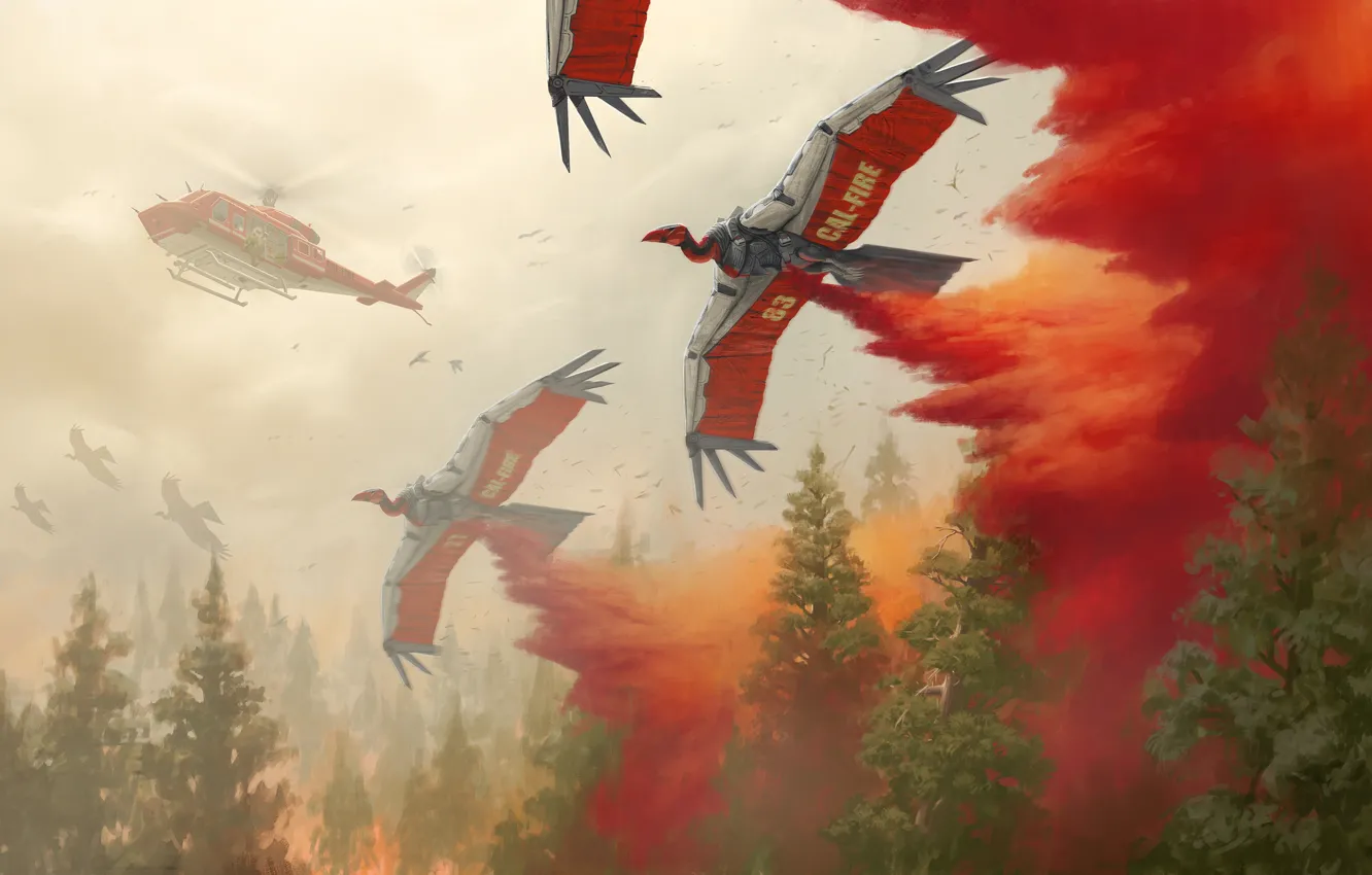 Фото обои лес, птицы, пожар, робот, арт, вертолет, Robert Chew