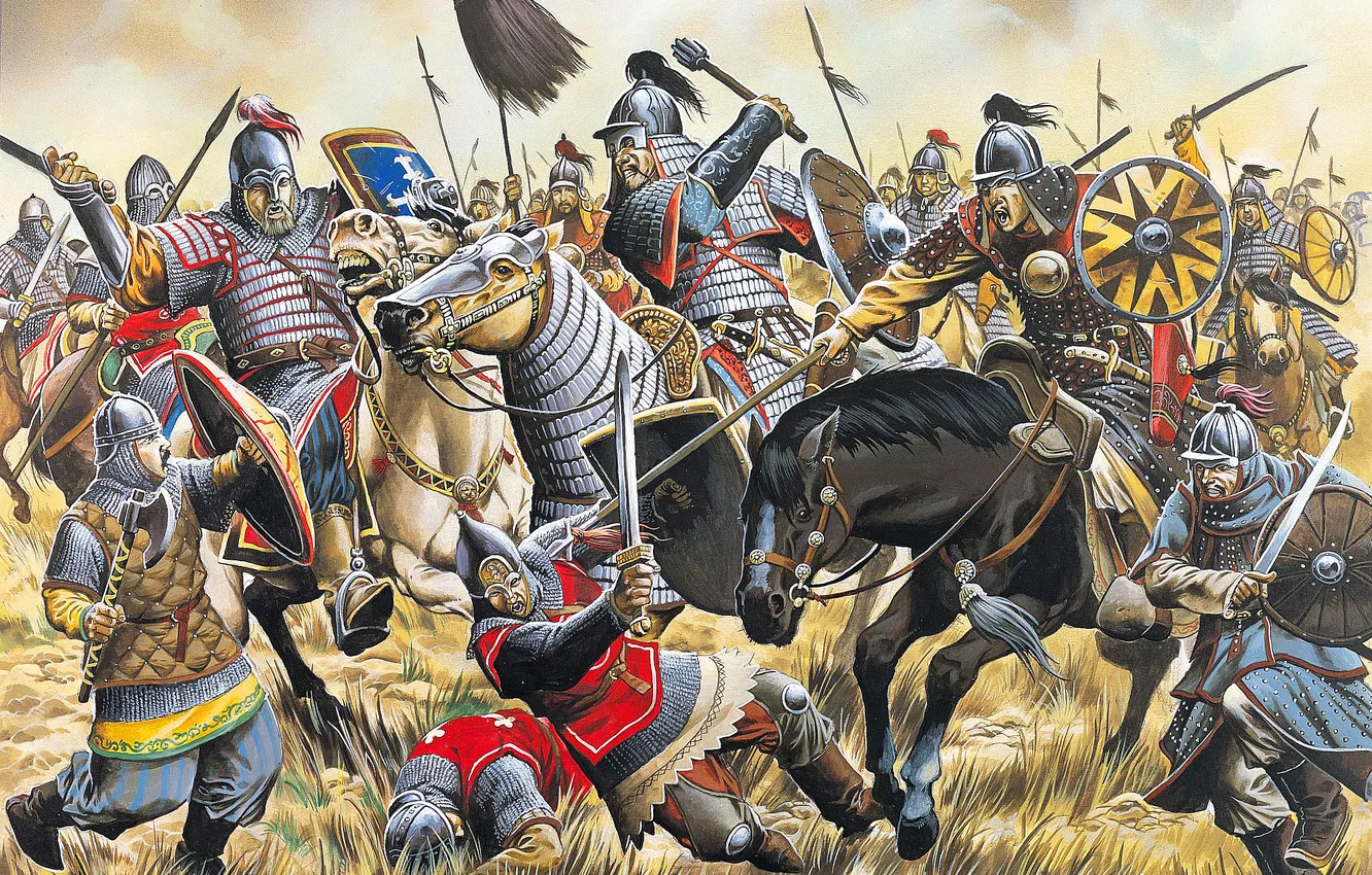 Фото обои Солдаты, Лошади, Битва, Воины, Арт, Русские, Battle of Kalka River, Монголы