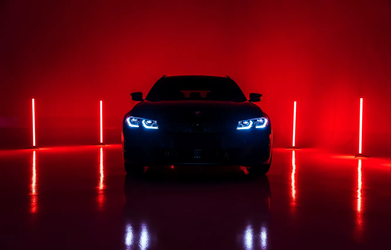 Фото обои свет, красный, фон, фары, BMW, спереди, 3-series, универсал