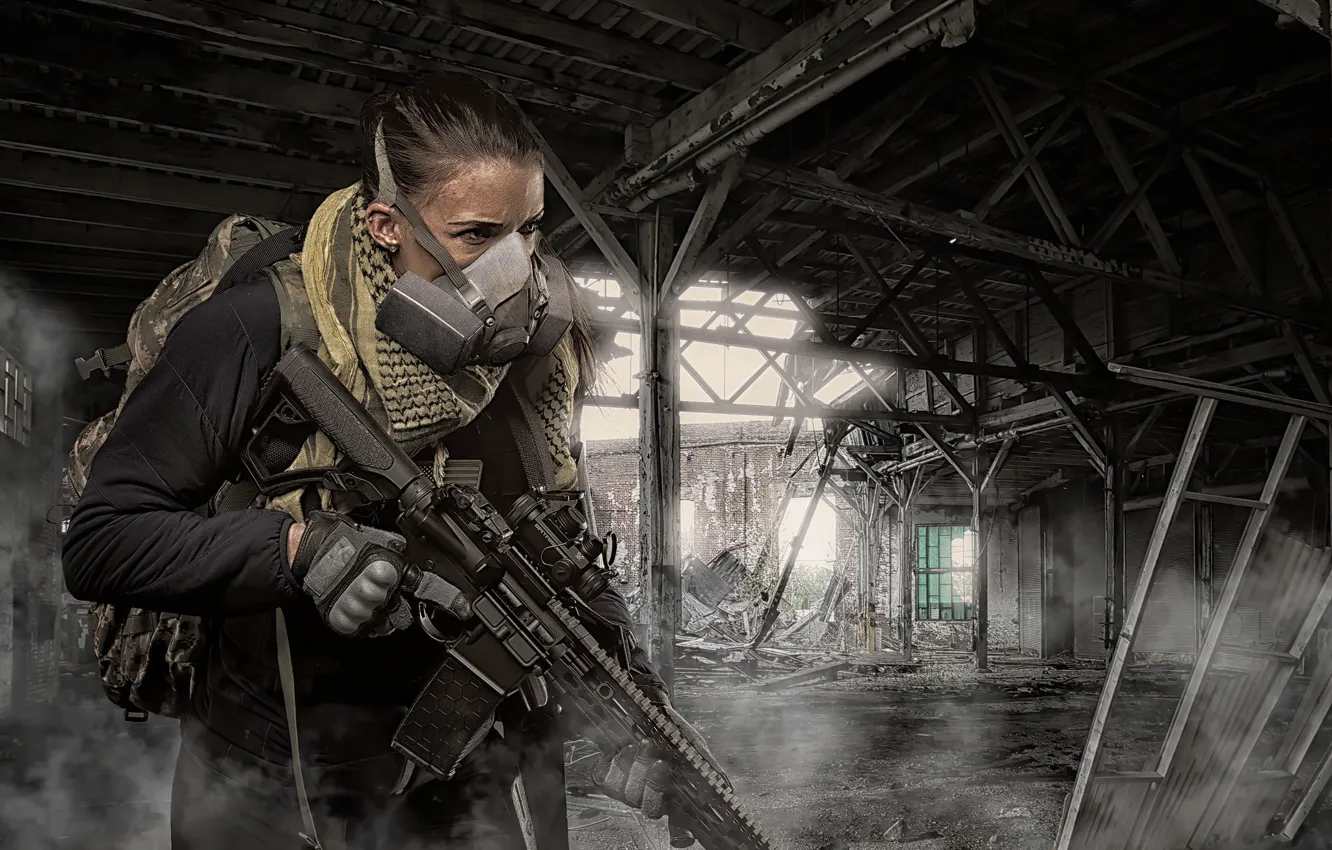 Фото обои девушка, оружие, развалины, оптика, штурмовая винтовка