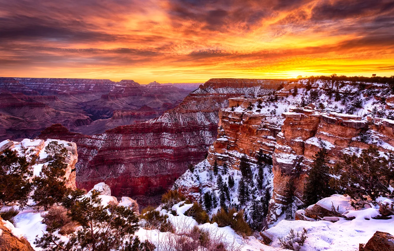 Фото обои небо, облака, снег, закат, каньон, сша, аризона, Grand Canyon