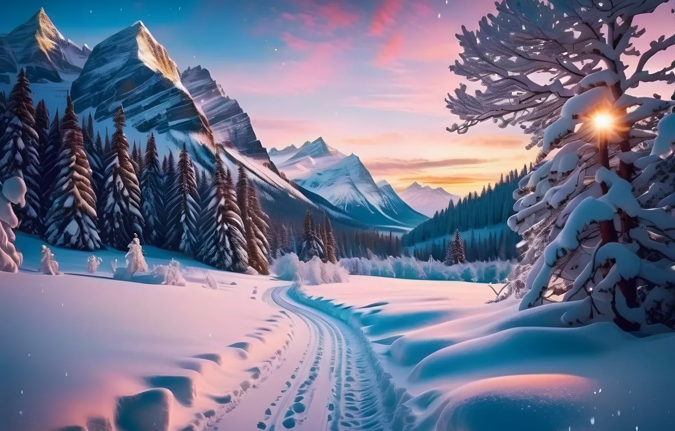 Фото обои зима, иней, дорога, лес, небо, солнце, снег, закат