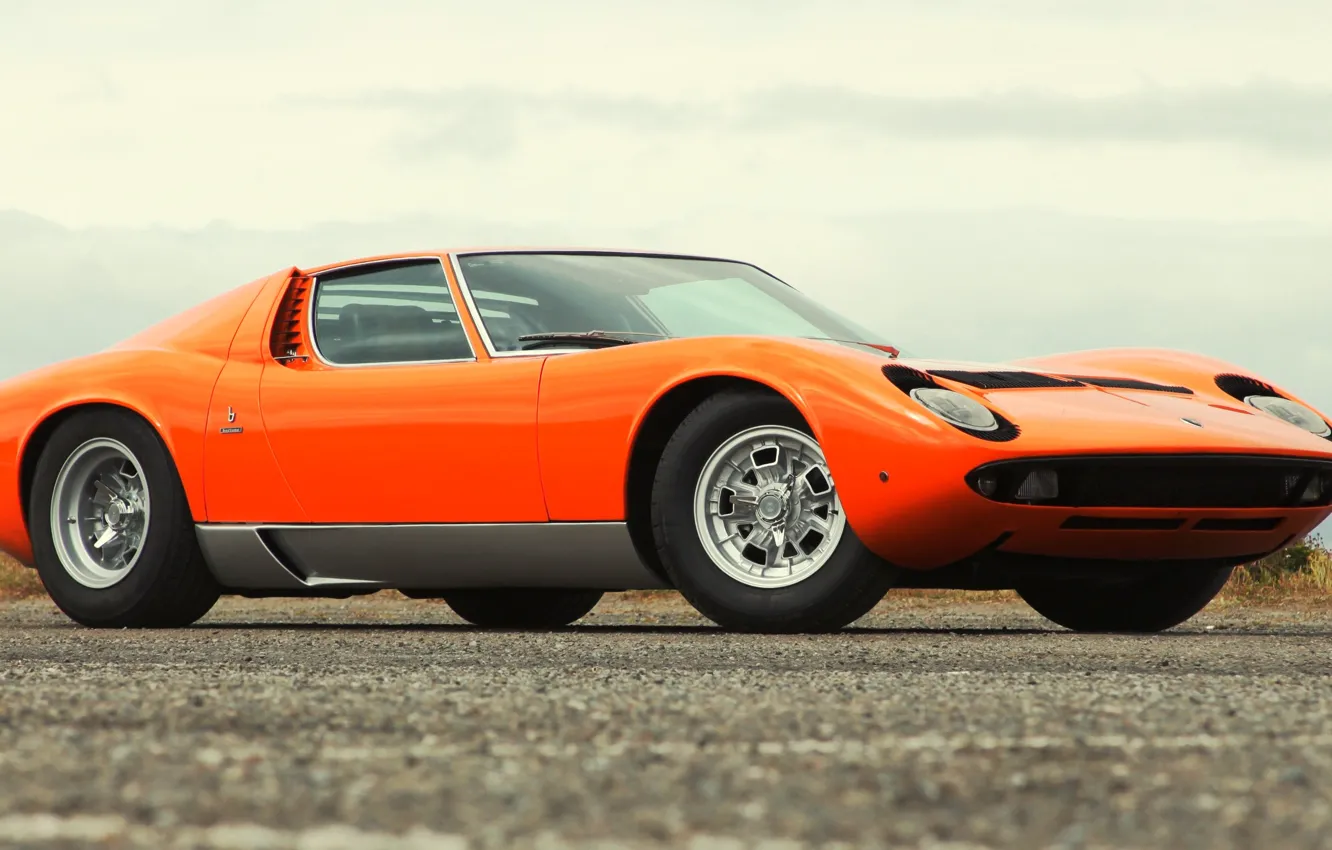Фото обои Авто, Lamborghini, Ретро, Машина, Оранжевый, Ресницы, 1969, Фары