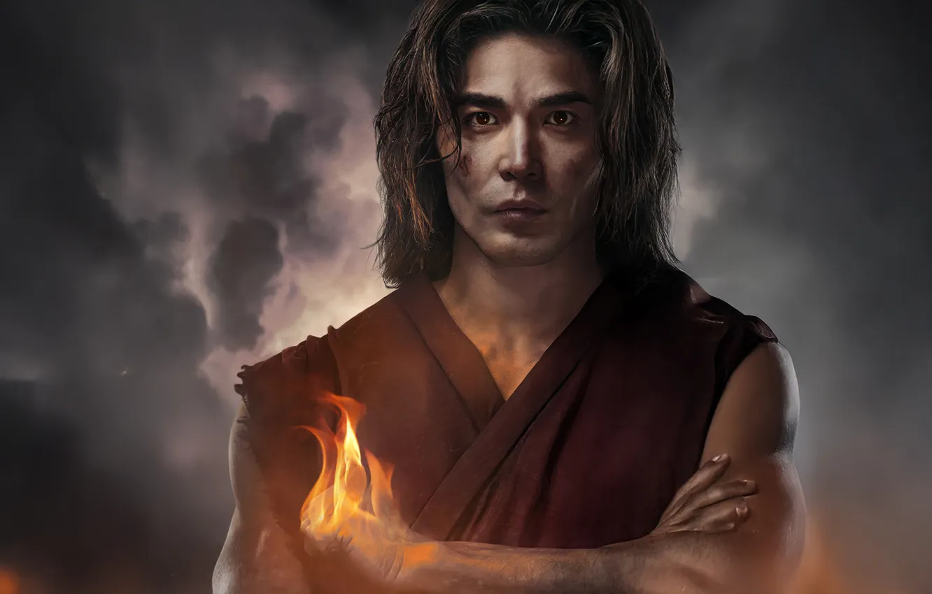 Фото обои поза, пламя, Лю Кан, Ludi Lin, 2025, Mortal Kombat II, Мортал Комбат 2, Луди Линь
