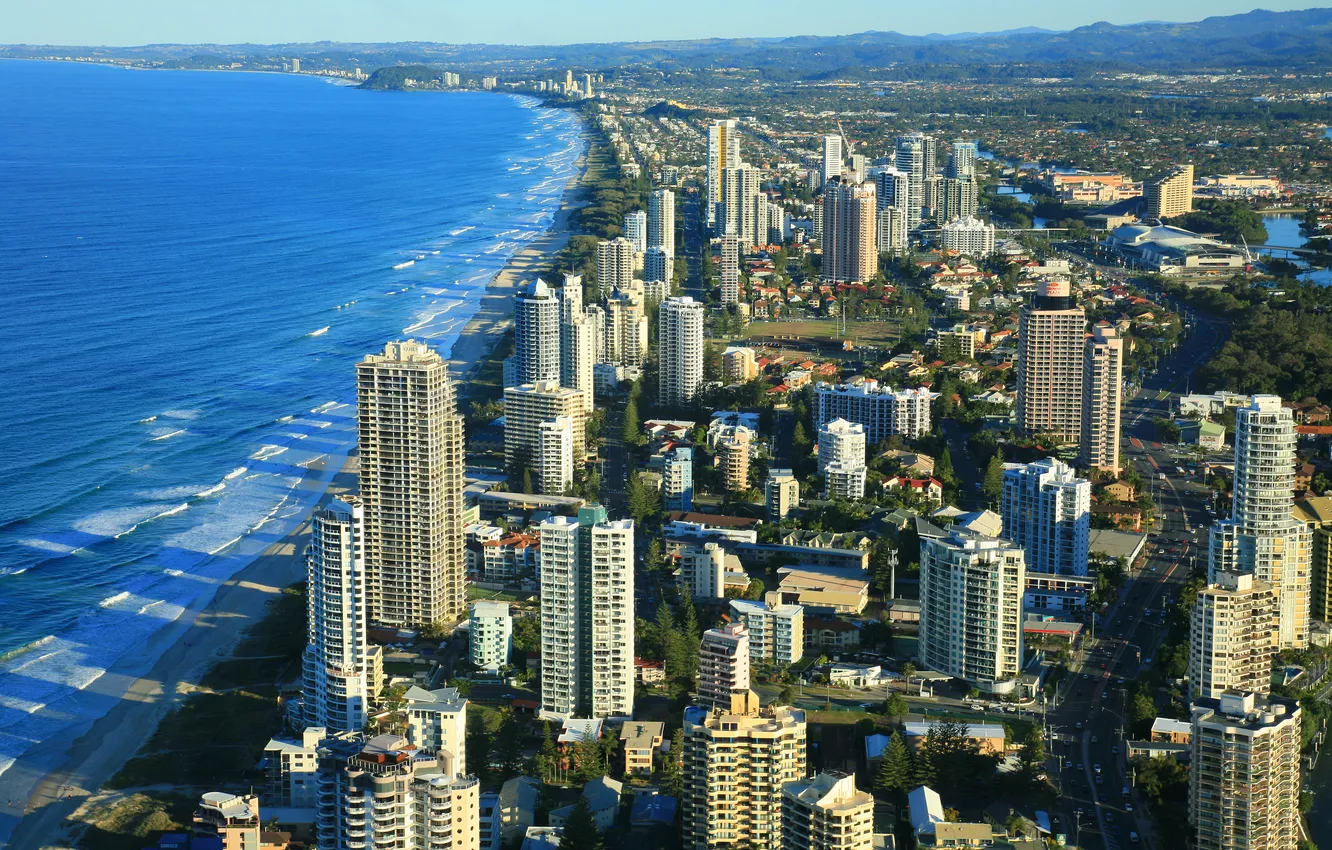 Фото обои море, небо, берег, побережье, дома, Австралия, Queensland, Брисбен