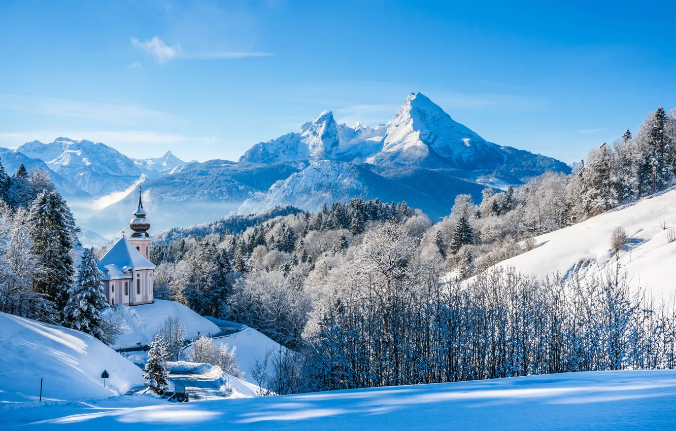 Фото обои зима, лес, снег, деревья, горы, Германия, Бавария, Альпы