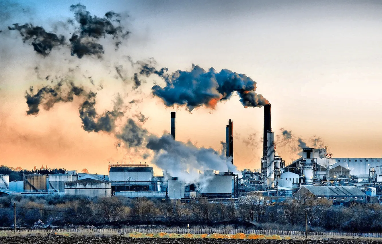 Фото обои трубы, завод, дым, фабрика, индустриальный пейзаж