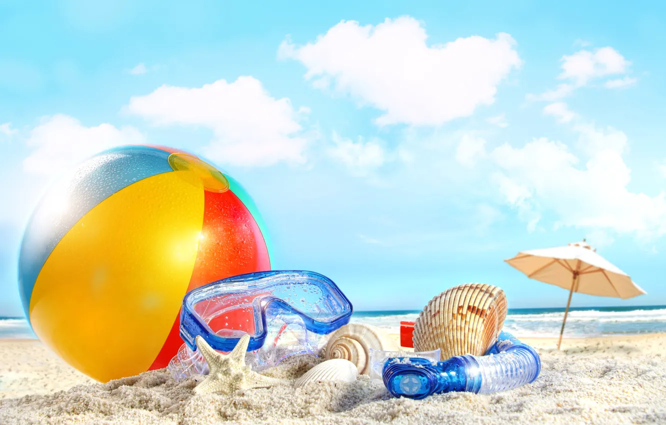 Фото обои summer, beach, sky, sea, nature, clouds, sand, ball