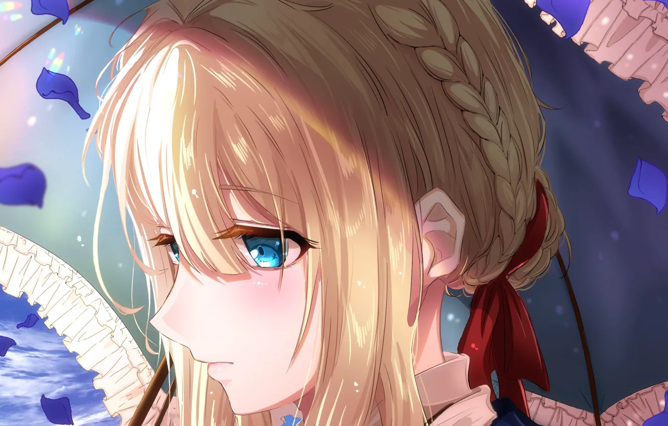 Фото обои грусть, девушка, зонт, лепестки, Violet Evergarden