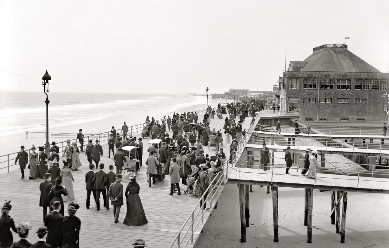 Фото обои море, ретро, люди, США, набережная, Нью-Джерси, 1900-й год, Атлантик-Сити