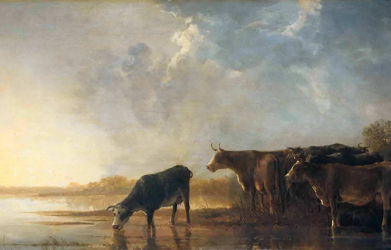 Фото обои животные, пейзаж, картина, Альберт Якобс Кёйп, Речной Пейзаж с Коровами