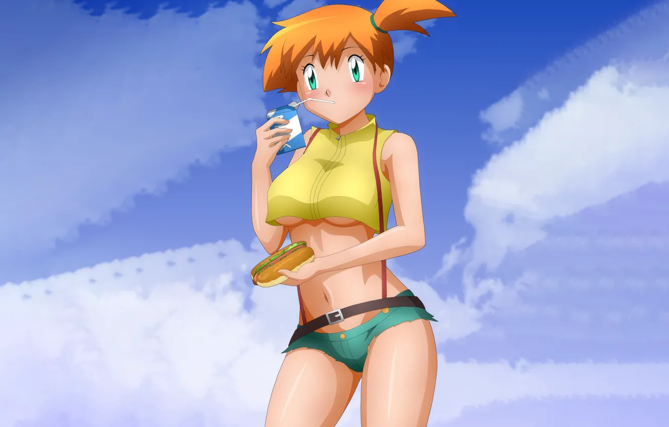 Фото обои girl, sexy, Misty, shorts, boobs, anime, beautiful, short hair