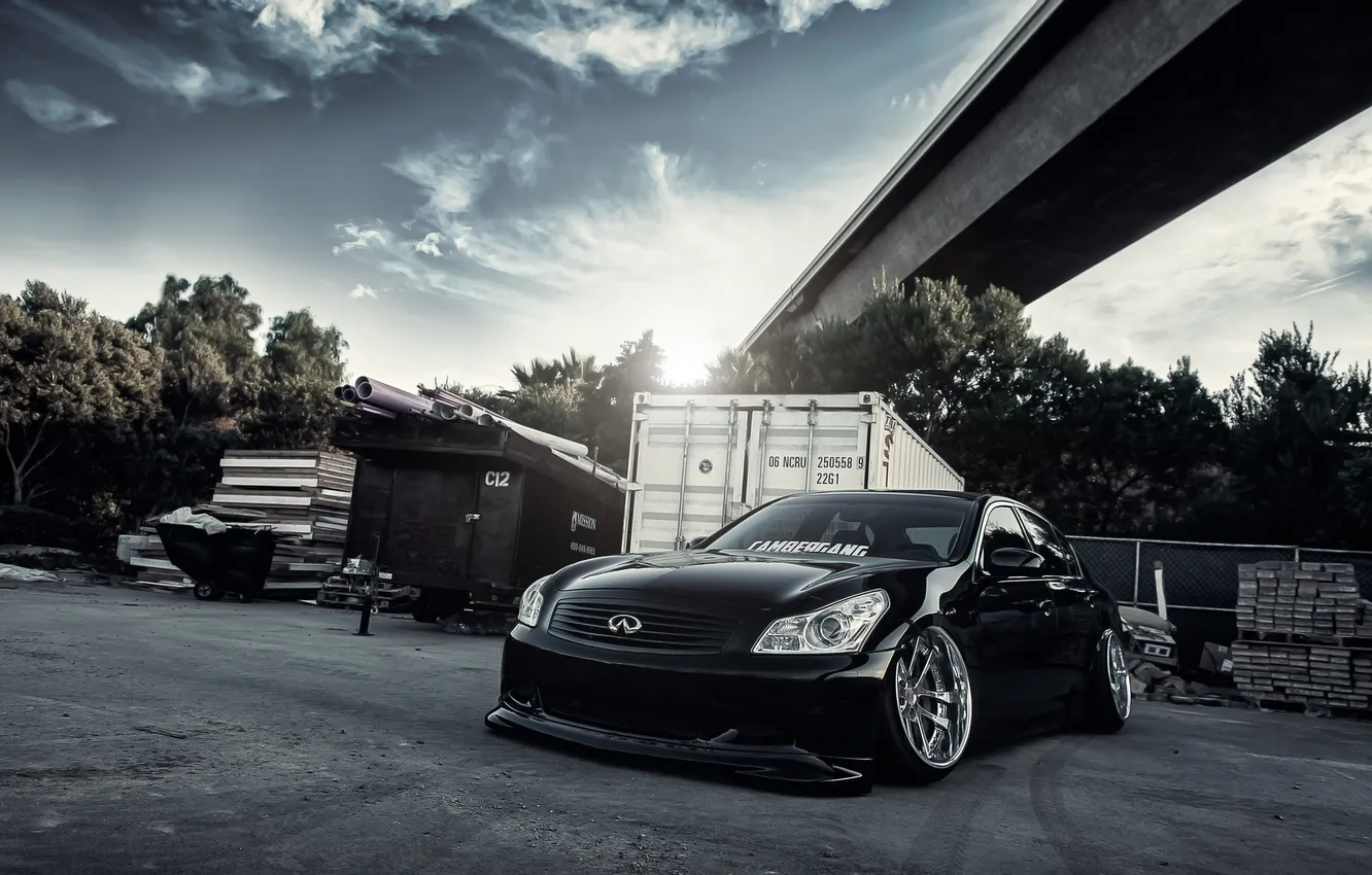 Фото обои Infiniti, black, Tuning, stance, G37, Vossen