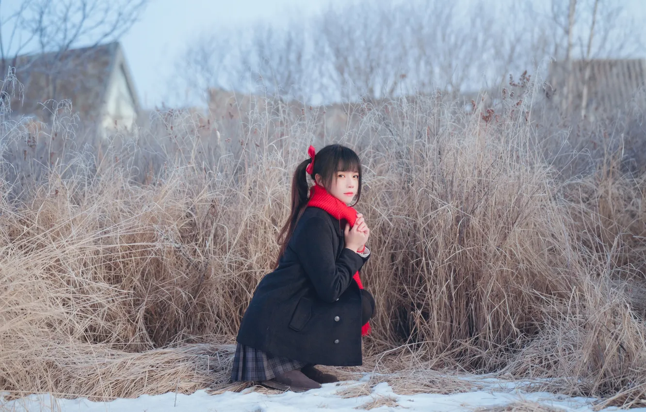 Фото обои Grass, Beautiful, Asian, Model, Winter, Snow, Woman, Back