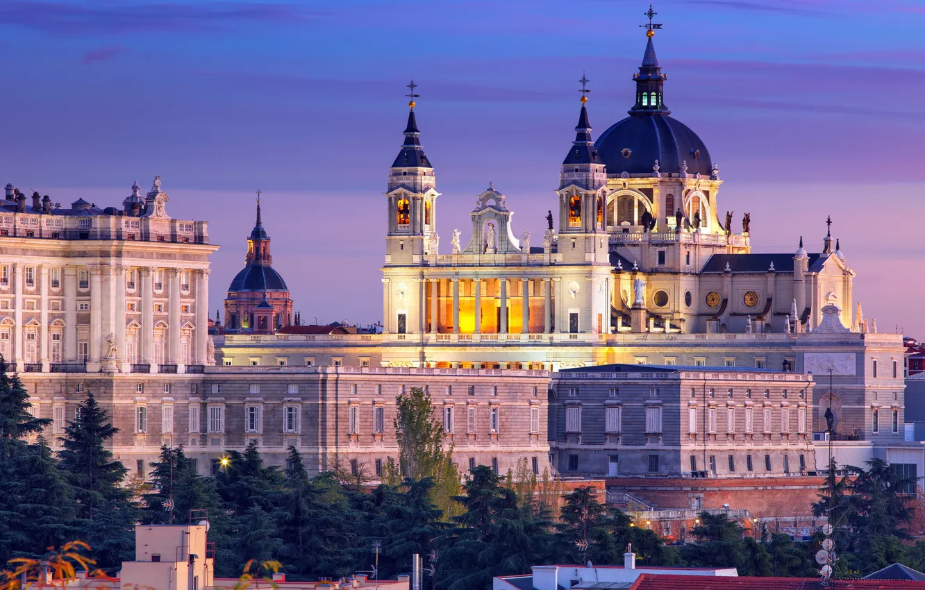 Фото обои Сумерки, Испания, Spain, Madrid, Мадрид, Dusk, Almudena Cathedral, кафедральный собор Альмудена